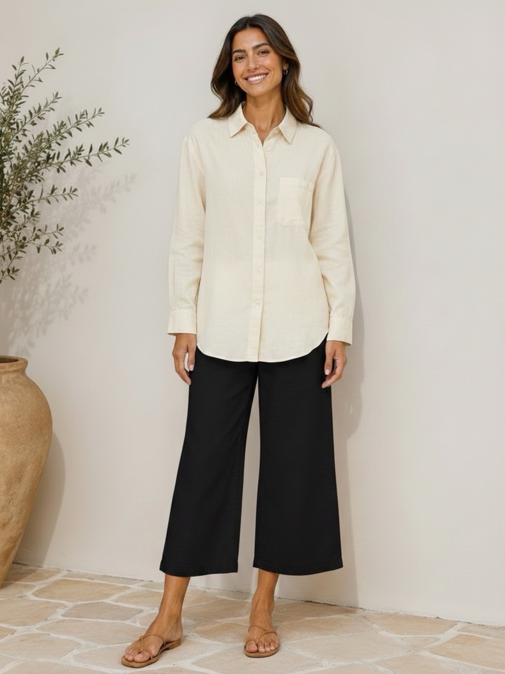 Boutique beige cotton linen button down shirt pocket long sleeve oversized SMALL